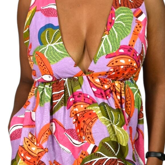 House of Harlow Tropical Print Linen Dress Purple Toucan Open Back Halter XS - Picture 4 of 15